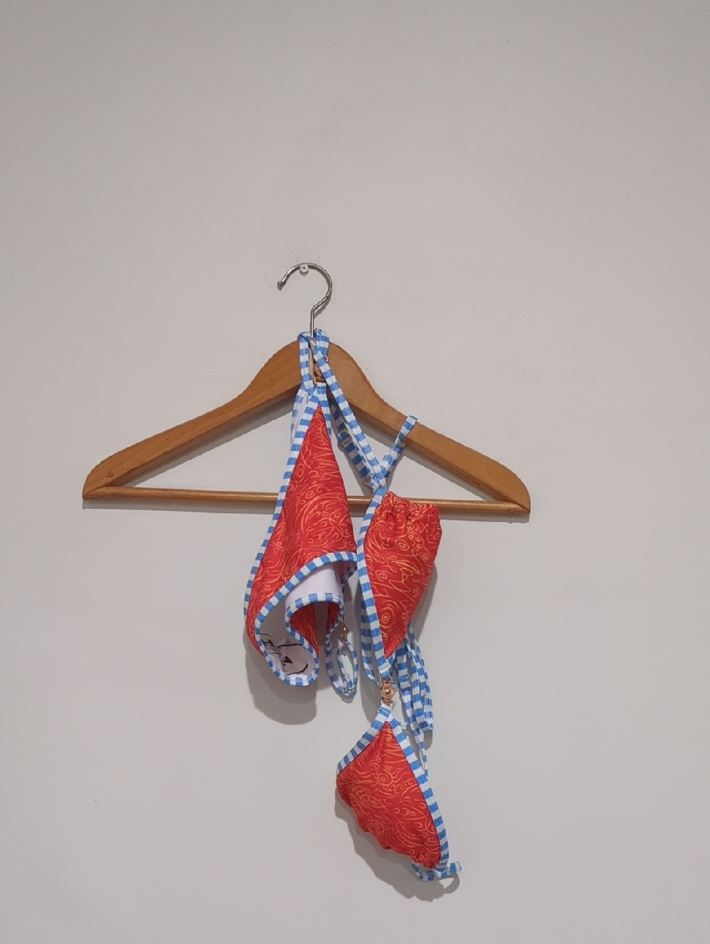 Orange Swimsuit Top with Blue Check Trim